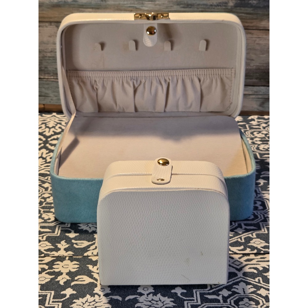Jewelry Box Organizer Storage Case Teal Suede Faux Leather Mirror Handle Lock - Picture 9 of 12